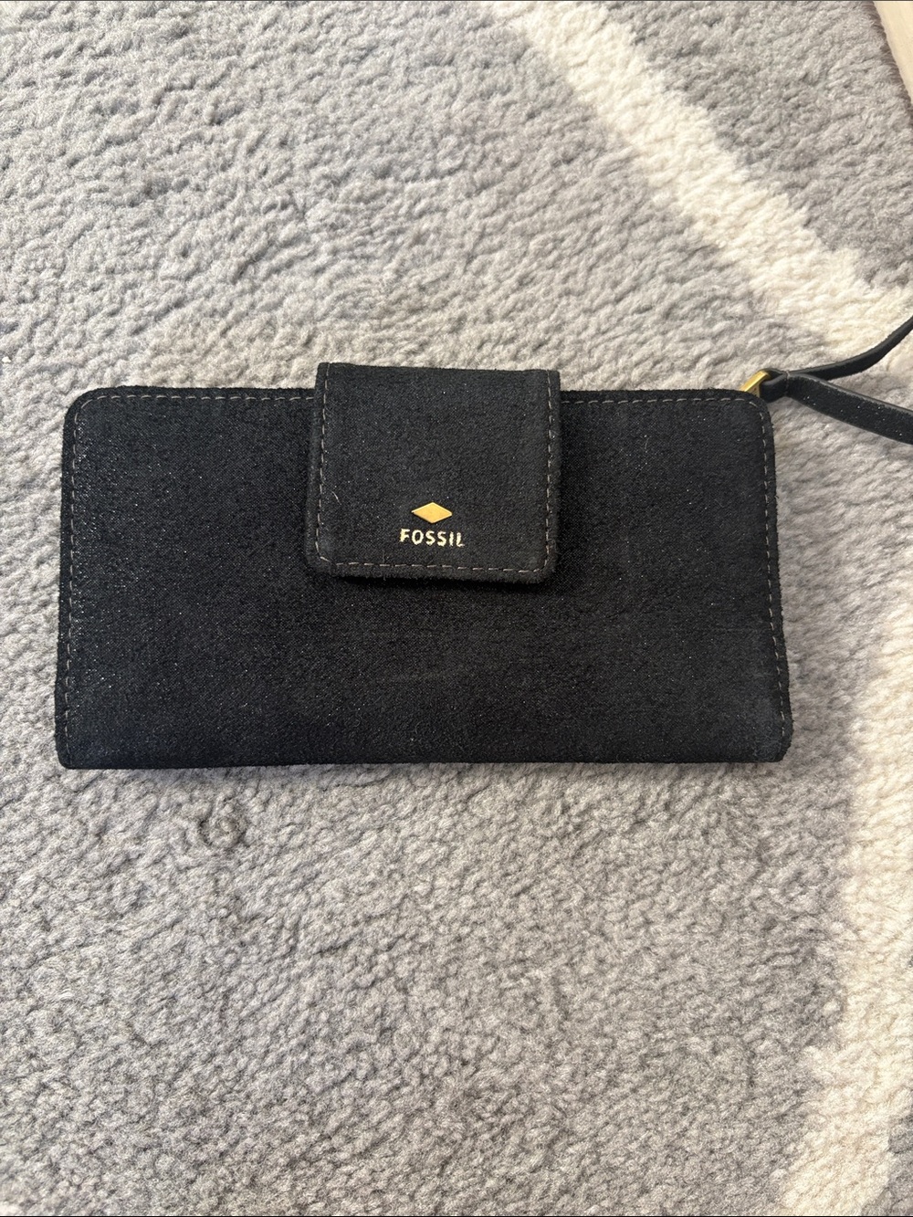Fossil Black Suede Wristlet Wallet with Gold Logo